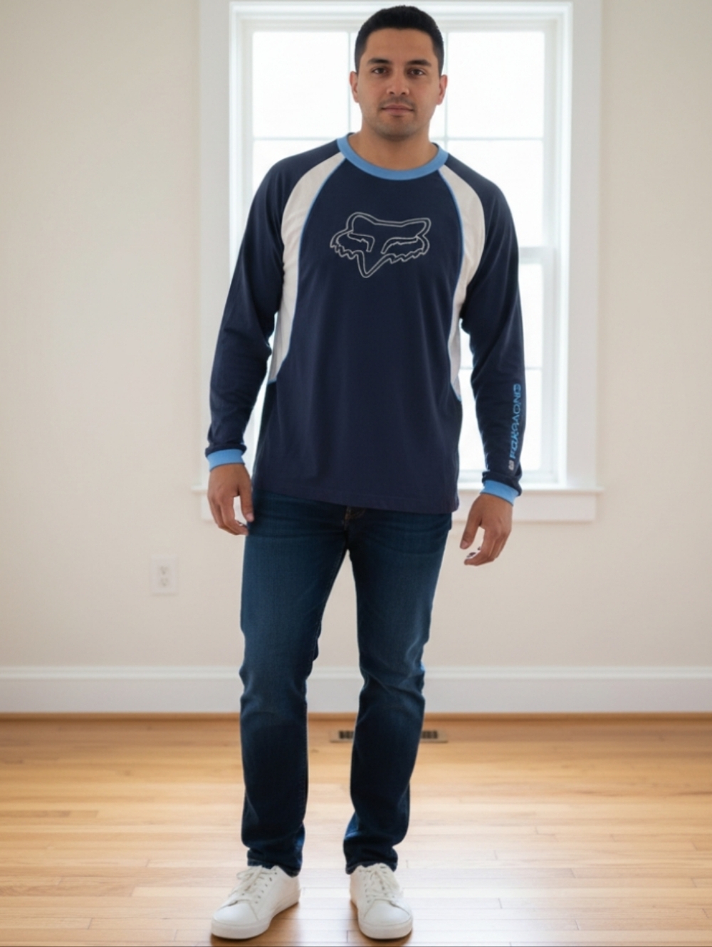 Fox Men's Long Sleeve Shirt - Navy and Light Blue - Picture 2 of 9